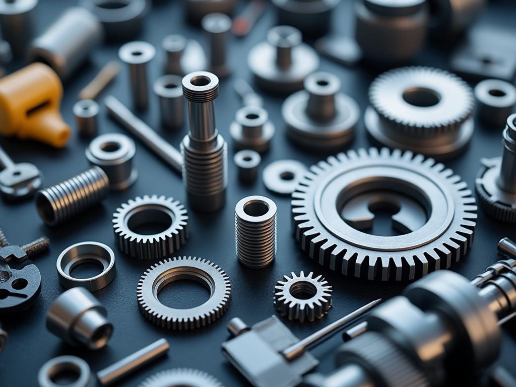 Conjunto de piezas metálicas de maquinaria sobre fondo oscuro, incluyendo engranajes, tornillos y tuercas.