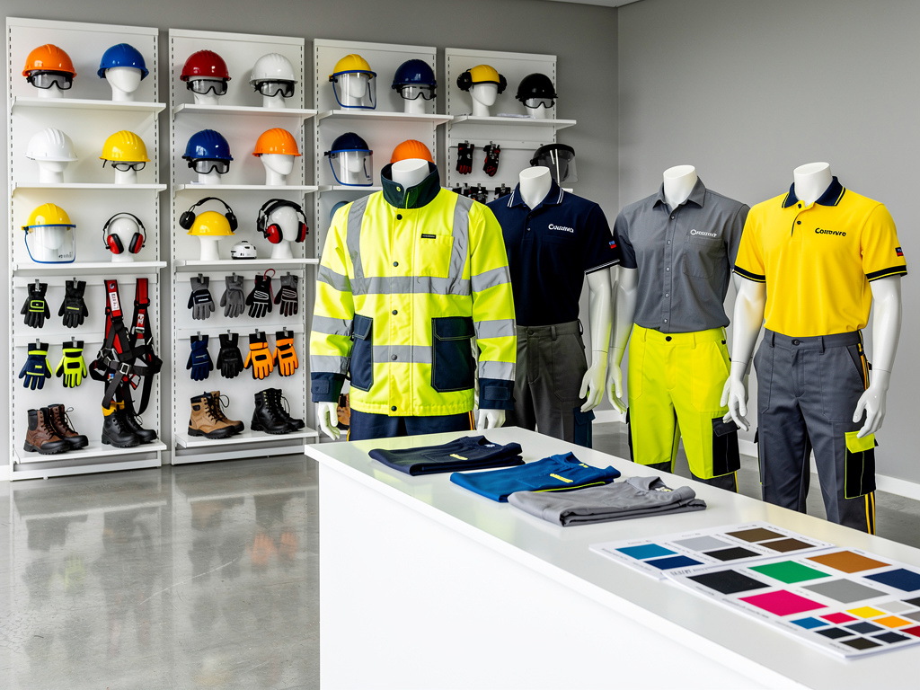 Tienda de ropa laboral y equipos de protección con cascos, guantes, botas y uniformes de alta visibilidad