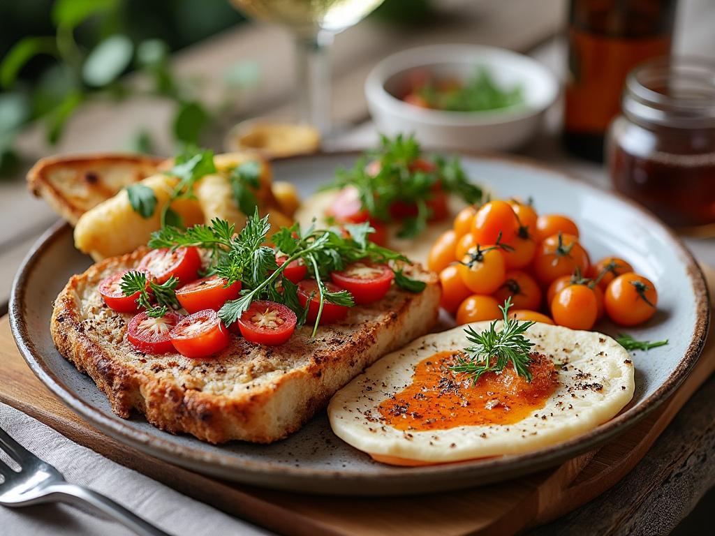 Desayuno gourmet con tostada de tomate, papas doradas, tomates cherry naranjas y huevo frito con hierbas.
