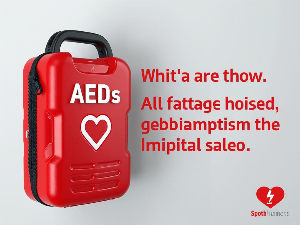 Red AED case with heart symbol and text, mounted on light wall background.