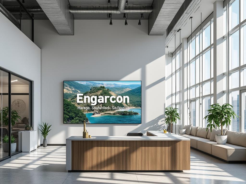 Oficina moderna con grandes ventanales, plantas en macetas, y un cartel gigante en la pared mostrando un paisaje con colinas y mar.