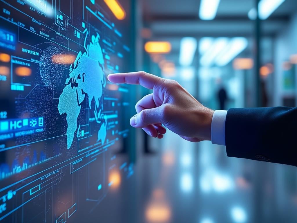 Hand touching digital screen with world map and data overlays in modern office setting.