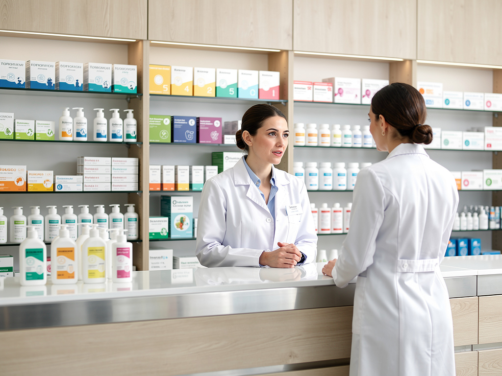 Dos farmacéuticas con bata blanca conversan en una farmacia moderna con estantes llenos de medicamentos y productos de salud