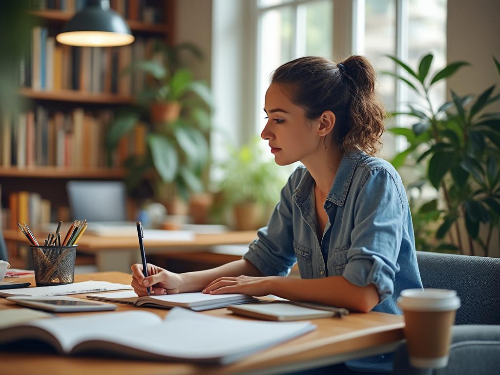 Mujer joven escribiendo en un escritorio en una biblioteca con plantas y libros al fondo.