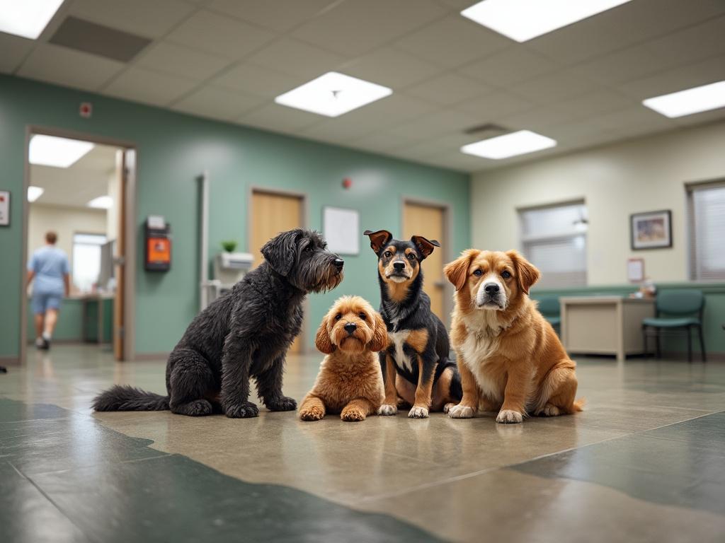 Four different breeds of dogs sitting in a veterinarian's office with green walls and a person in the background.