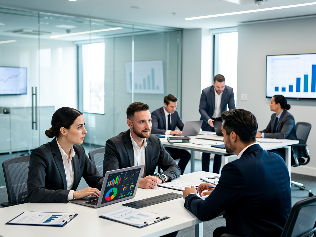 Equipo de negocios en reunión corporativa analizando gráficos financieros en una sala de juntas moderna