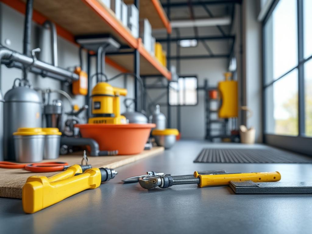 Taller con herramientas de metal, con un taladro amarillo en primer plano y estanterías industriales en el fondo.