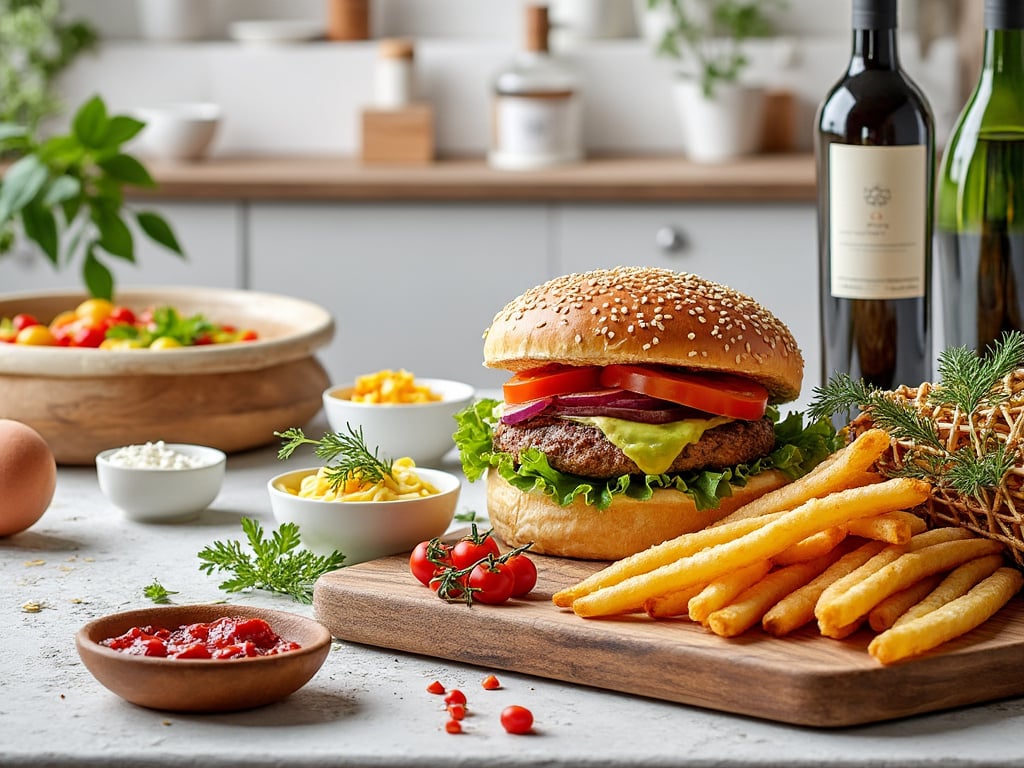 Hamburguesa con carne, lechuga, queso, tomate y cebolla con papas fritas, acompañada de vino en una cocina bien decorada. Hamburguesa con carne, lechuga, queso, tomate y cebolla con papas fritas, acompañada de vino en una cocina bien decorada.