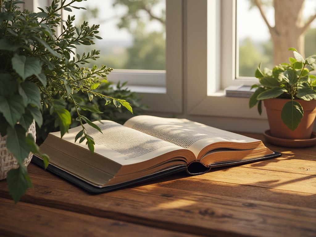 Open book on wooden table by a sunny window with potted plants, creating a serene reading atmosphere.