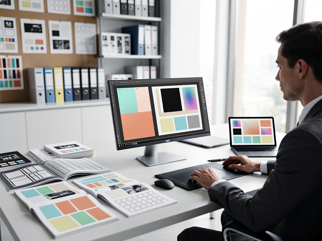 Diseñador gráfico trabajando en una oficina con tableta digital, monitor y muestras de paletas de colores