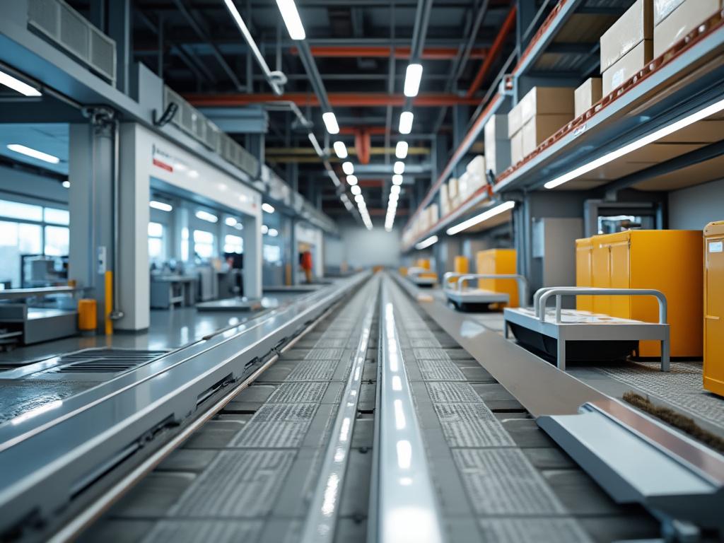 Interior de un almacén moderno con cintas transportadoras y cajas marrones en estanterías, resaltando la eficiencia logística.
