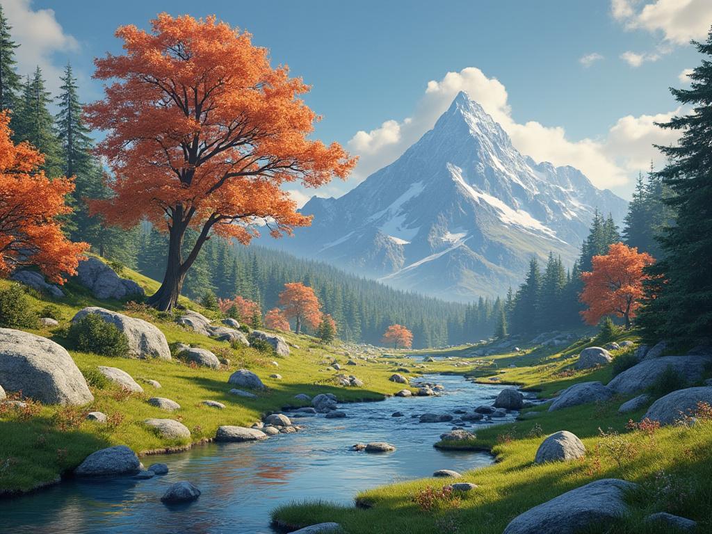 Paisaje montañoso con río, árboles de hojas naranjas y nieve en la cima de la montaña.