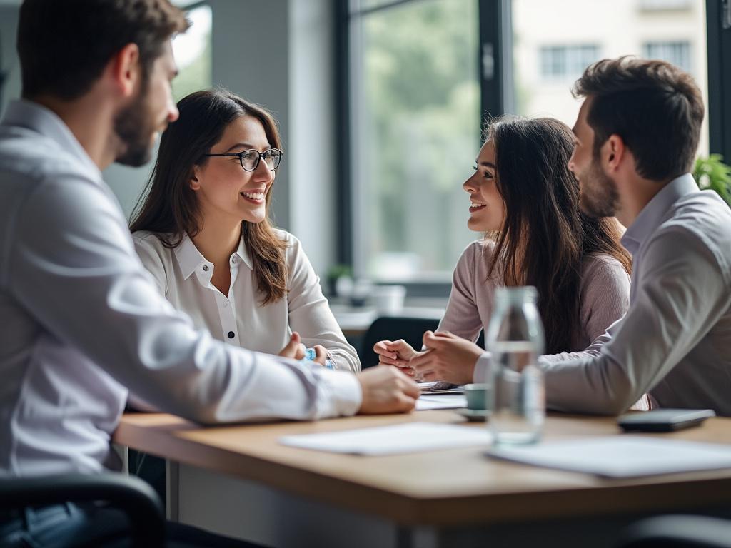 Grupo de personas en una reunión de negocios, sentados alrededor de una mesa discutiendo y sonriendo, con ventanas grandes al fondo.