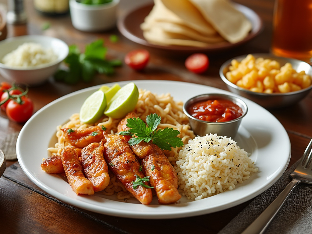 Plato de pollo asado con arroz, rodajas de lima, salsa y acompañamientos sobre una mesa de madera. Plato de pollo asado con arroz, rodajas de lima, salsa y acompañamientos sobre una mesa de madera.