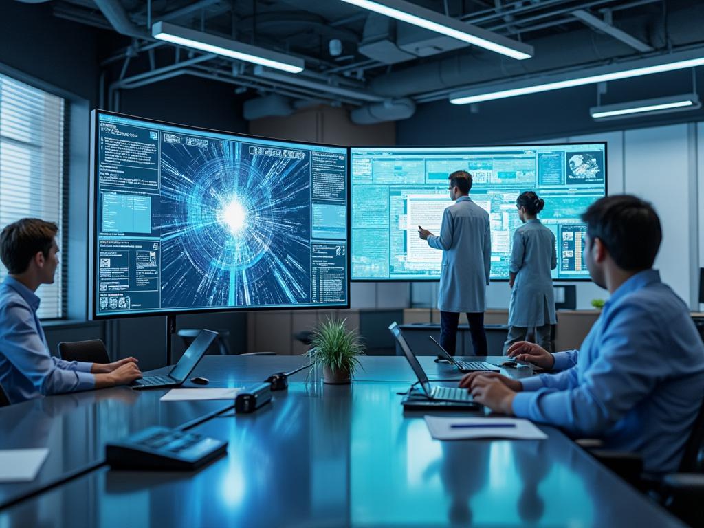 Grupo de profesionales en sala de conferencias analizando datos en pantallas digitales. Grupo de profesionales en sala de conferencias analizando datos en pantallas digitales.