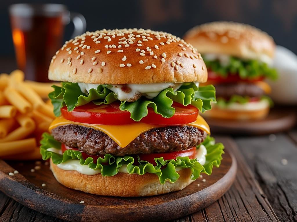 Hamburguesa con lechuga, tomate, queso y carne, servida con papas fritas en una tabla de madera.