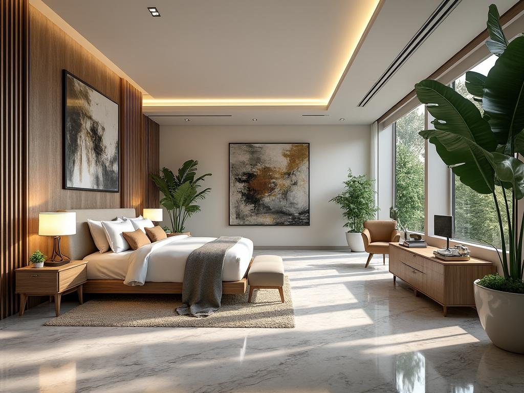 Habitación moderna con cama doble, muebles de madera clara, lámparas de mesa, grandes cuadros abstractos, alfombra beige, plantas verdes y ventanales grandes con vista al exterior.