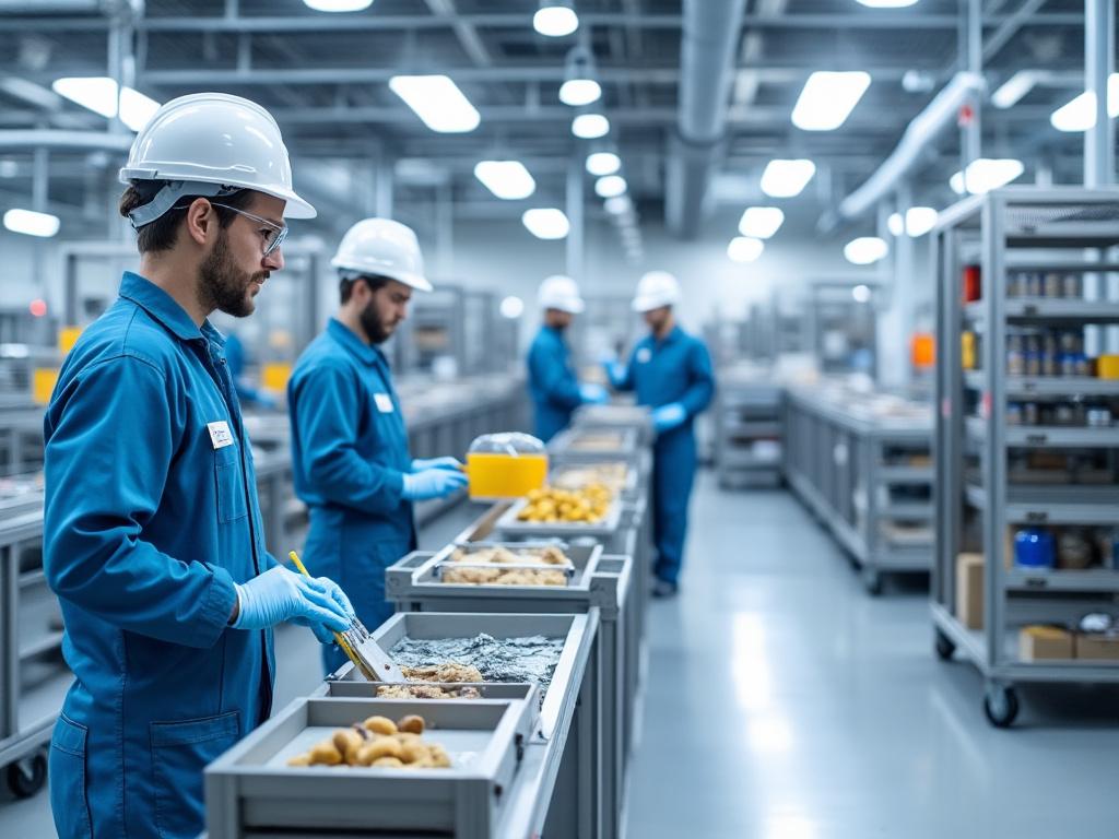 Trabajadores de fábrica en uniforme azul y casco blanco inspeccionando productos alimenticios en una línea de producción moderna e iluminada.