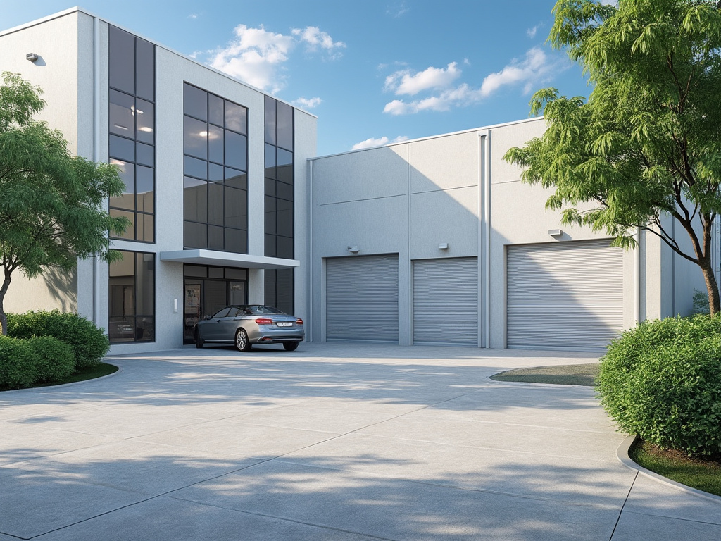Fachada de edificio comercial moderno con coche aparcado, ventanas grandes y puertas de garaje cerradas, rodeado de árboles y arbustos.