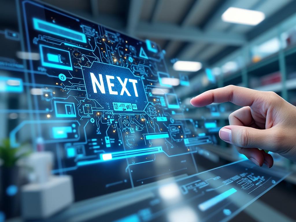Hand interacting with futuristic digital screen displaying the word 'Next' with circuit board patterns.