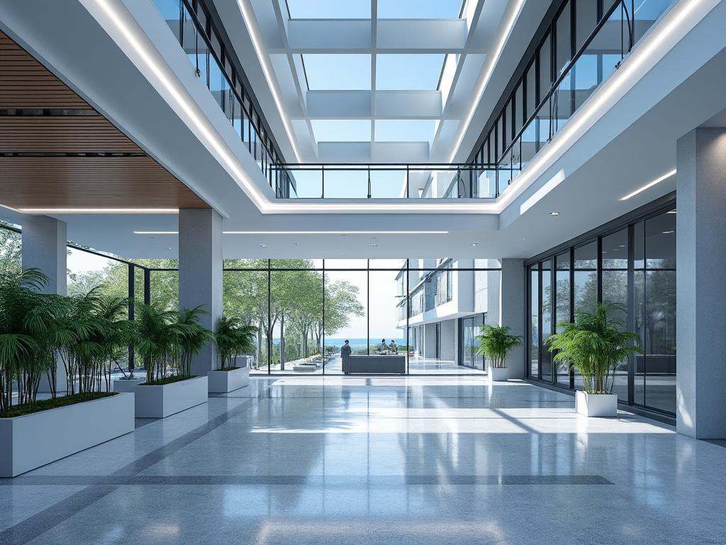 Hall de entrada moderno e espaçoso com teto de vidro, plantas decorativas e janelas grandes, oferecendo uma vista panorâmica para o exterior.