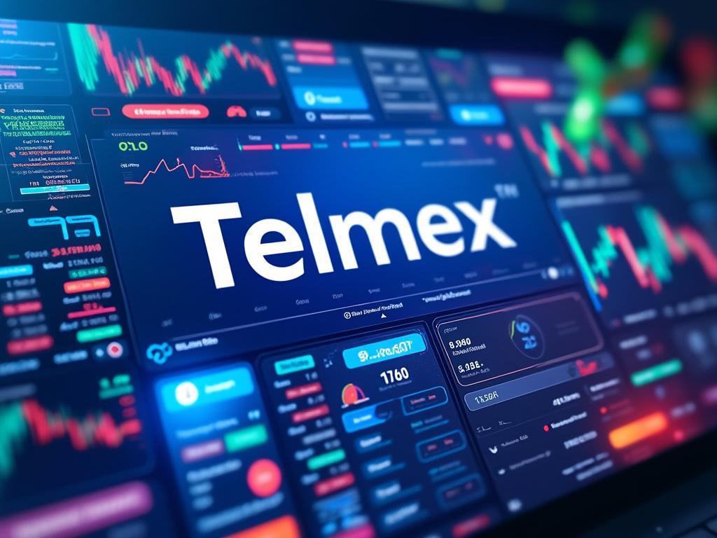 Pantalla de gráficos financieros con el logotipo de Telmex en el centro, mostrando datos de mercado y tendencias en colores vivos.