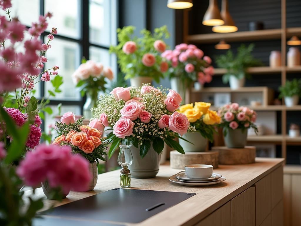 Mesa de cocina moderna decorada con jarrones llenos de rosas rosas, naranjas y amarillas, iluminada por luces colgantes de estilo industrial. Mesa de cocina moderna decorada con jarrones llenos de rosas rosas, naranjas y amarillas, iluminada por luces colgantes de estilo industrial.