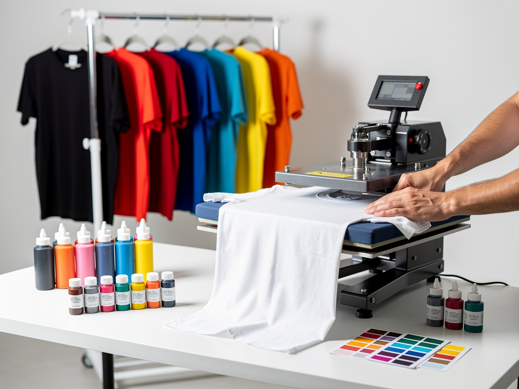 Heat press machine printing a white T-shirt with colorful shirts and fabric ink bottles in a custom apparel studio