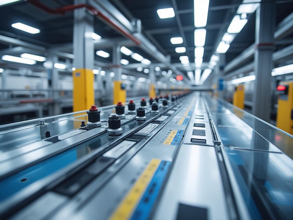 Modern automated assembly line in a factory with metal panels and bright overhead lighting. Modern automated assembly line in a factory with metal panels and bright overhead lighting.