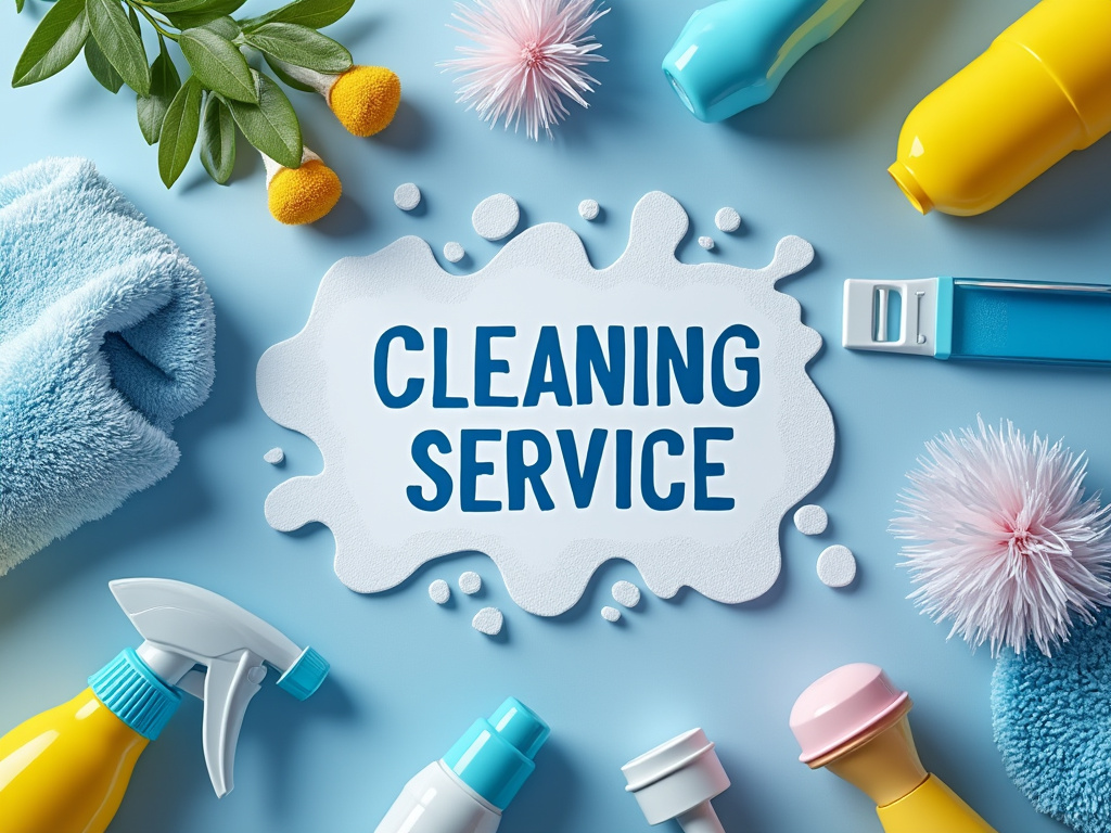 Equipo de limpieza colorido con esponjas, botellas y toallas alrededor del texto 'Cleaning Service' sobre fondo azul.