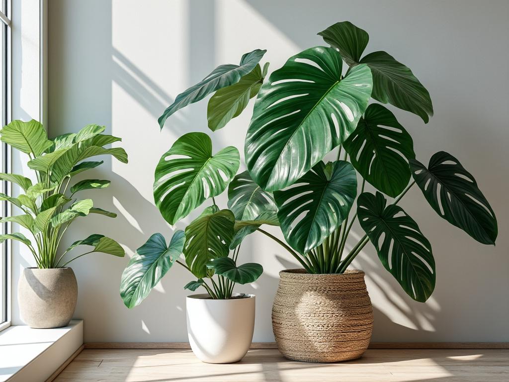 Três plantas em vasos brancos e de palha, iluminadas por luz natural, em um ambiente interno moderno.