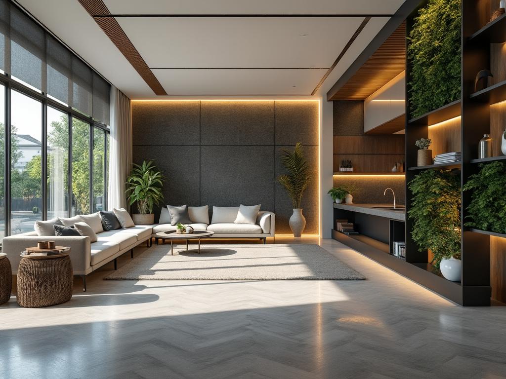 Modern living room with large windows, L-shaped sofa, indoor plants, and an integrated kitchen, featuring warm ambient lighting. Modern living room with large windows, L-shaped sofa, indoor plants, and an integrated kitchen, featuring warm ambient lighting.