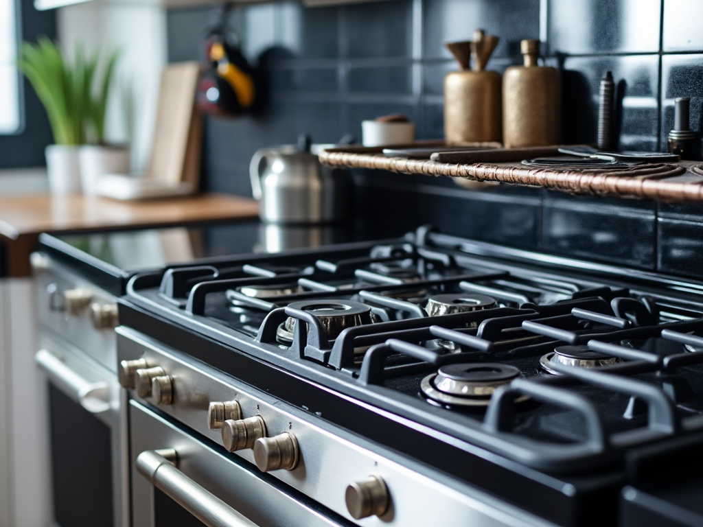 Modern kitchen with stainless steel gas stove, black tile backsplash, and shelves with cooking utensils.