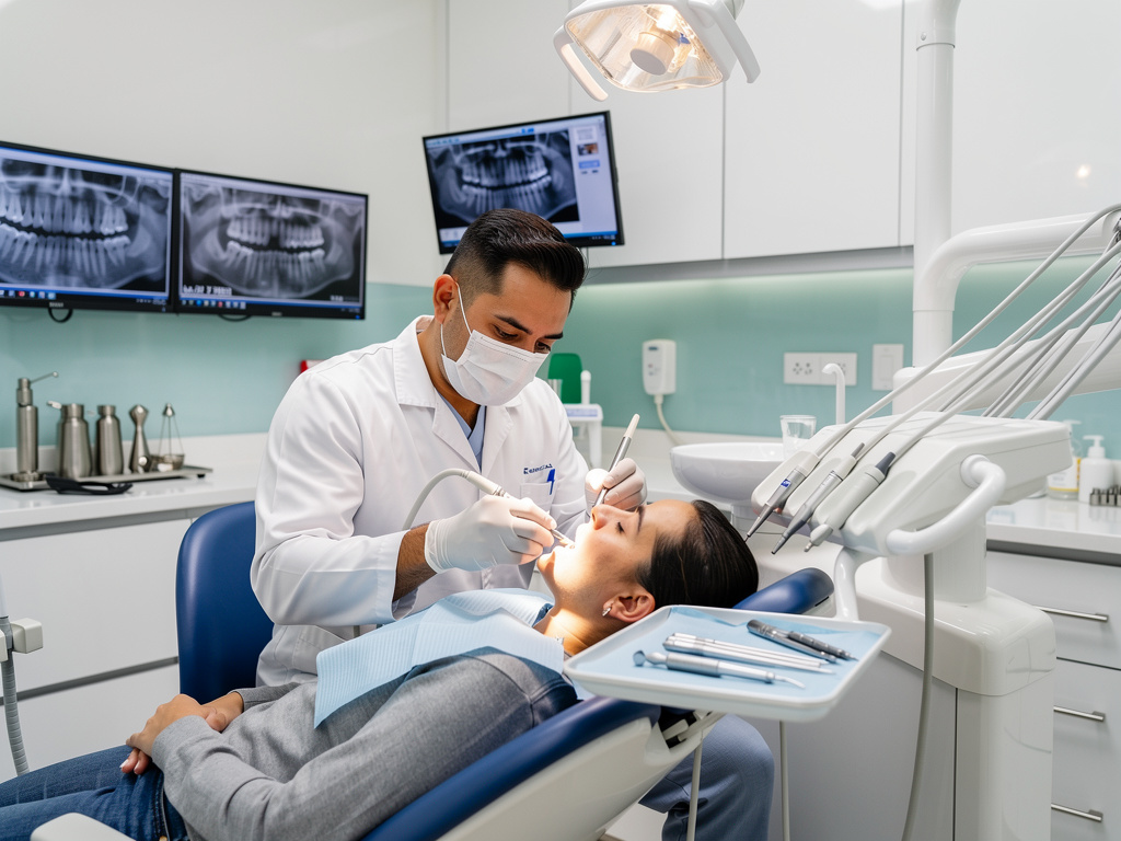 Dentista atendiendo a paciente en clínica dental moderna con radiografías panorámicas y equipo odontológico