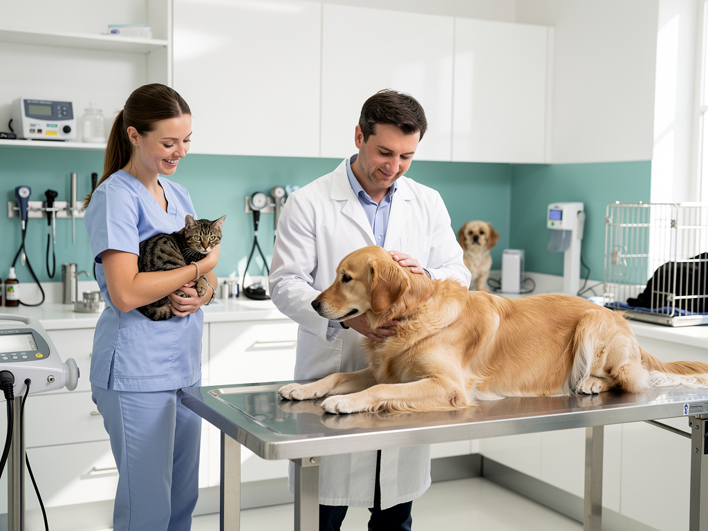 Veterinario y asistente examinan un golden retriever en clínica veterinaria mientras sostienen un gato