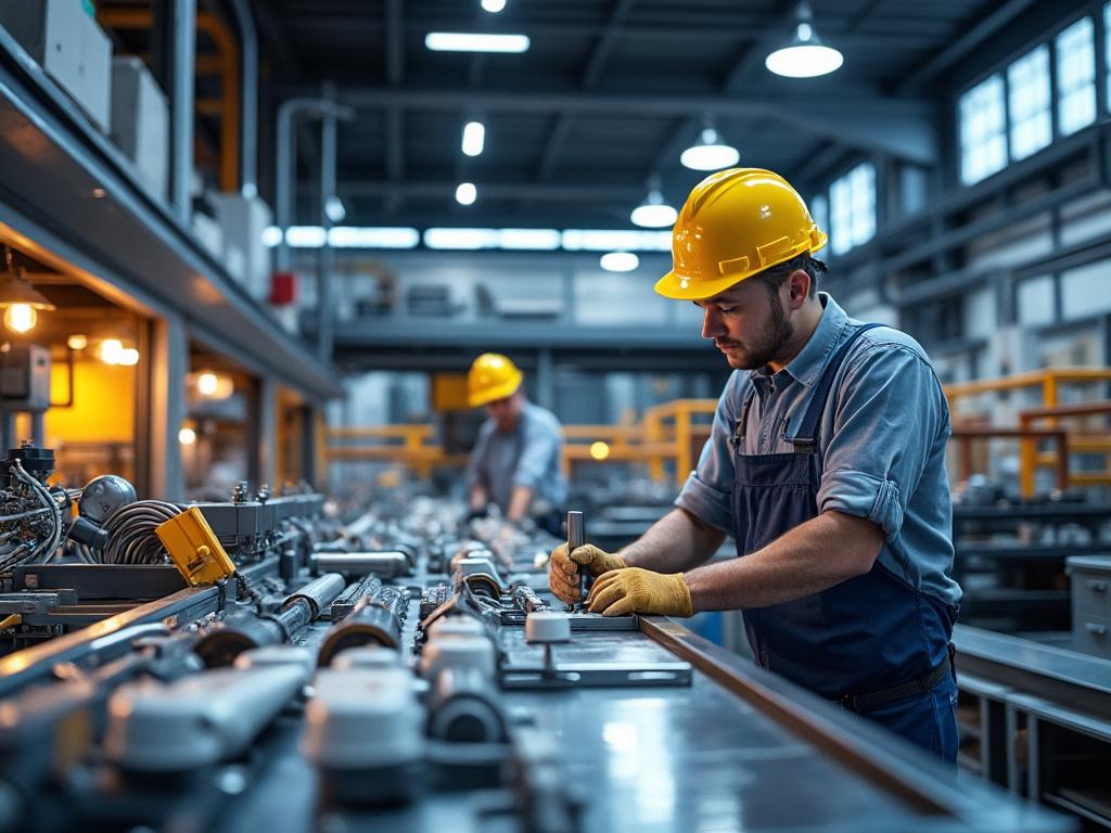 Trabajador de fábrica con casco amarillo y uniforme azul operando maquinaria industrial en una línea de producción moderna e iluminada.