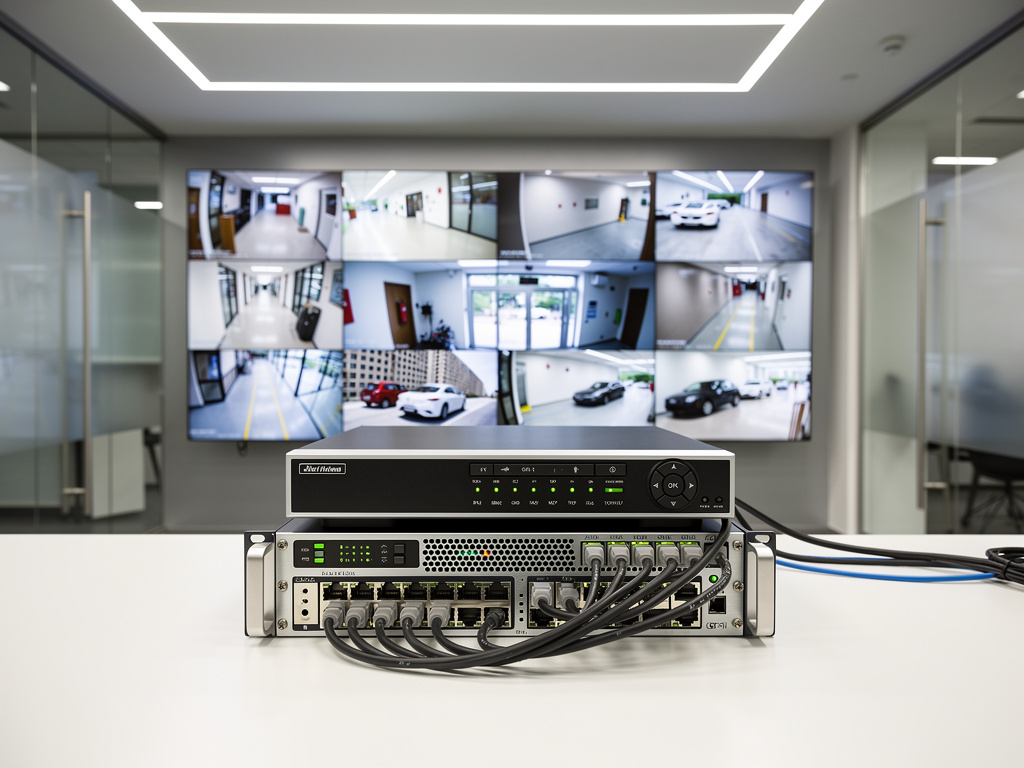 Sistema de videovigilancia CCTV con DVR y switch de red conectados, monitor mostrando cámaras de seguridad en oficina moderna