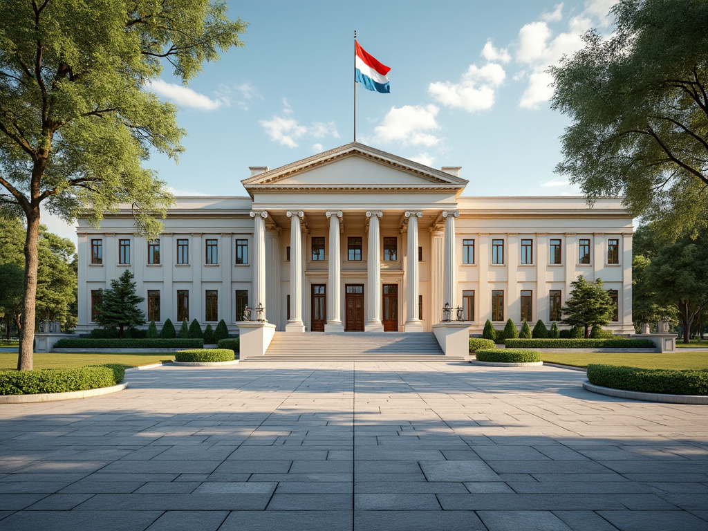 Fachada de un edificio gubernamental con columnas clásicas y una bandera ondeando, rodeado de jardines verdes.