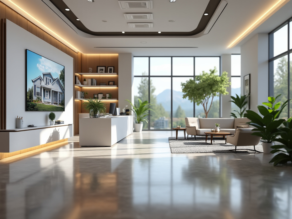 Moderna sala de estar con muebles de diseño, plantas verdes y grandes ventanales con vistas panorámicas.