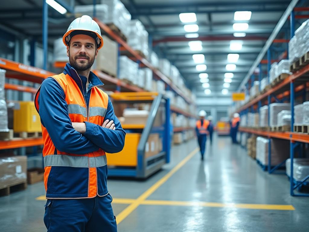 Trabajador con chaleco reflectante y casco en almacén con estanterías de productos y luces de techo.