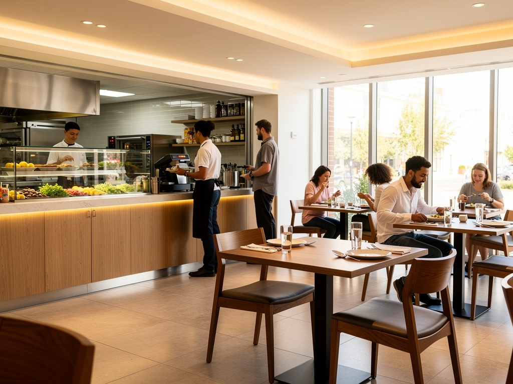 Restaurante moderno con clientes comiendo, mostrador de comida fresca y personal atendiendo en ambiente luminoso