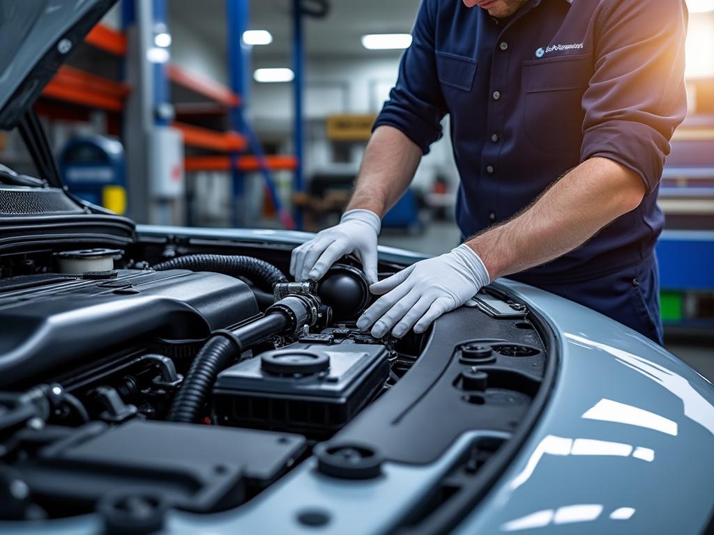 Mechanic wearing gloves inspecting car engine in auto repair shop.