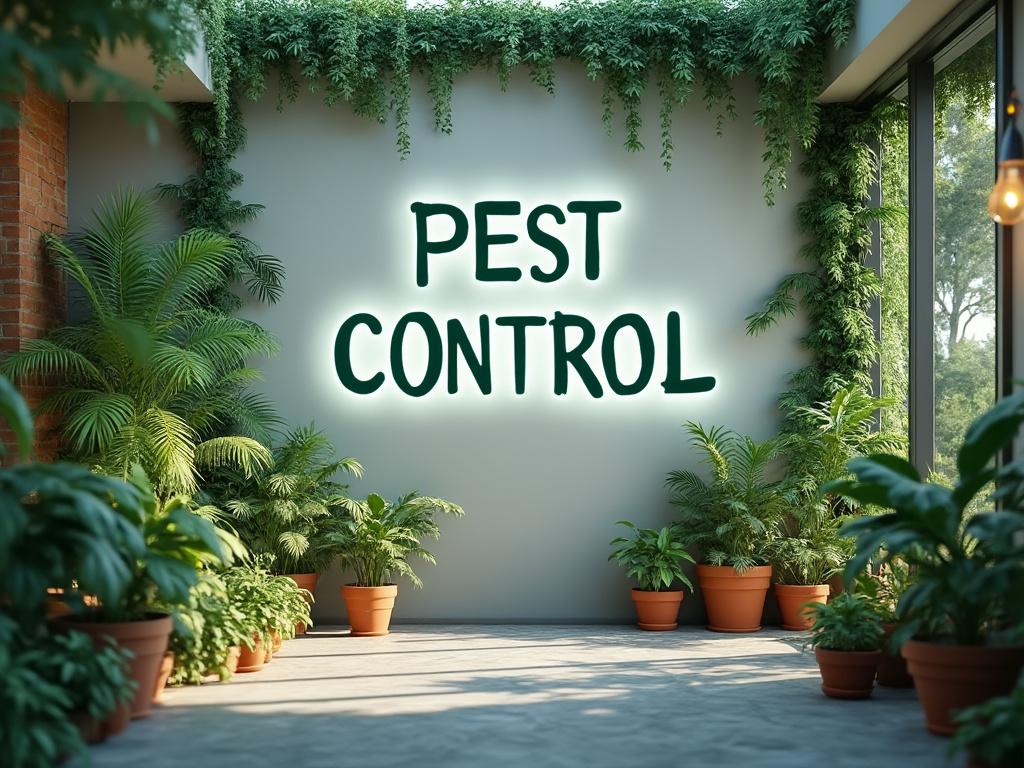 Sala con plantas en macetas y letrero 'Pest Control' en la pared