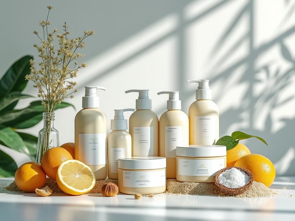 Productos de cuidado personal con ingredientes naturales, botellas y tarros sobre mesa blanca con naranjas, limón y hojas verdes.