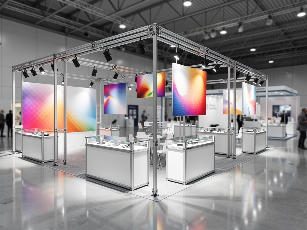 Stand de feria moderno con estructura de aluminio, iluminación LED y paneles gráficos coloridos en exposición comercial
