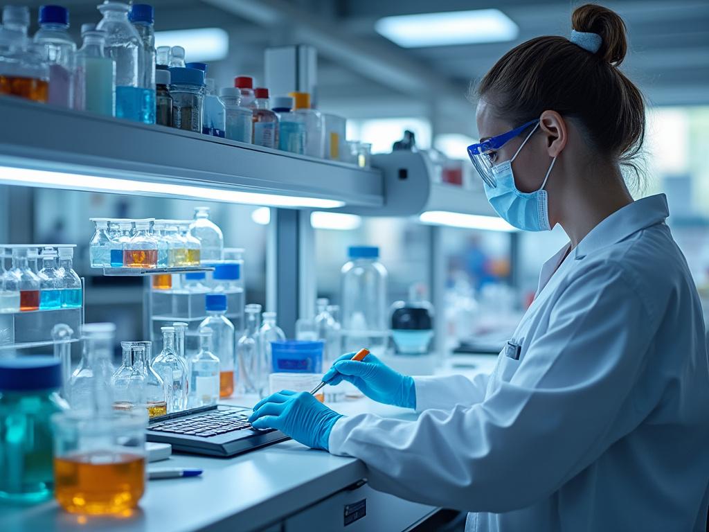 Científica en laboratorio analizando muestras líquidas en tubos de ensayo, usando bata blanca, mascarilla y gafas de protección.