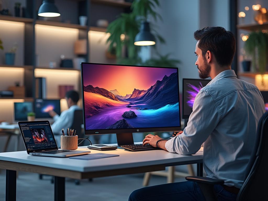 Hombre trabajando en oficina moderna con dos pantallas de computadora, fondo con estanterías iluminadas y plantas.