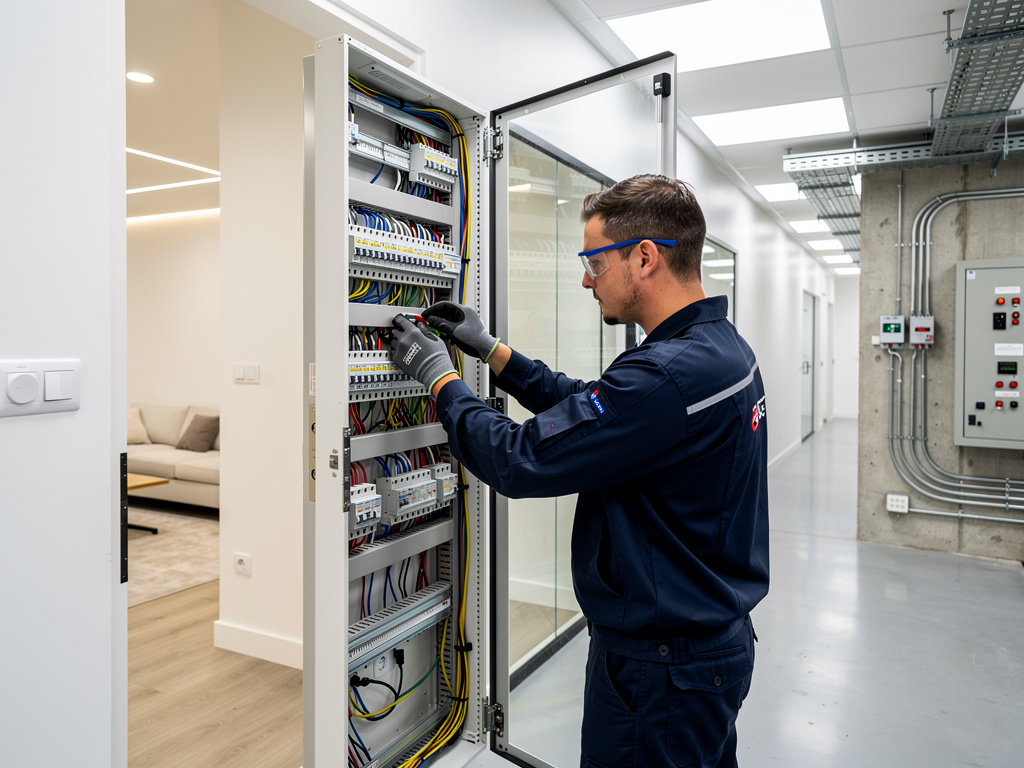 Técnico electricista revisando un cuadro eléctrico industrial en un edificio moderno
