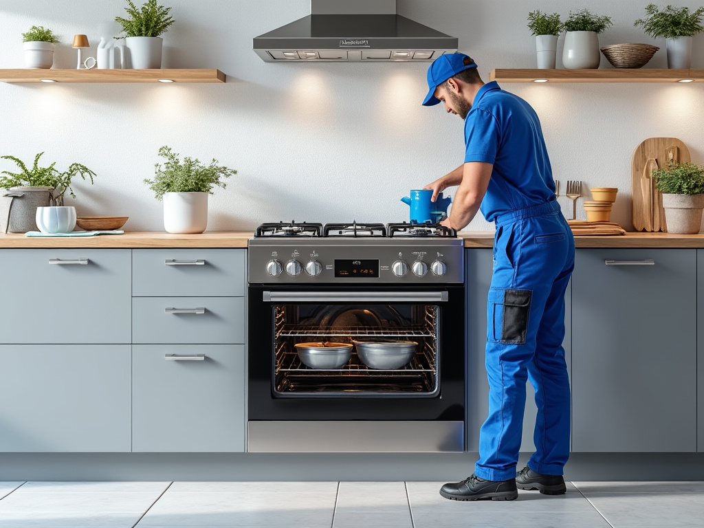 Home kitchen scene with a person in blue uniform checking pots on a modern oven, surrounded by wooden countertops and green plants.