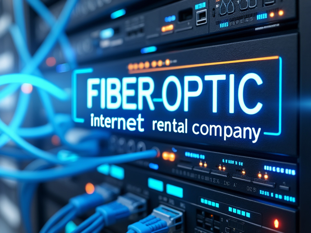 Imagen de un servidor con cables azules y una señal luminosa que dice 'FIBER-OPTIC internet rental company'.